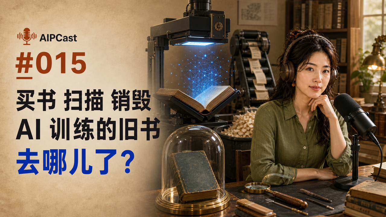 《听懂 AI》第 015 期节目封面:买书、扫描、销毁后的旧书去向