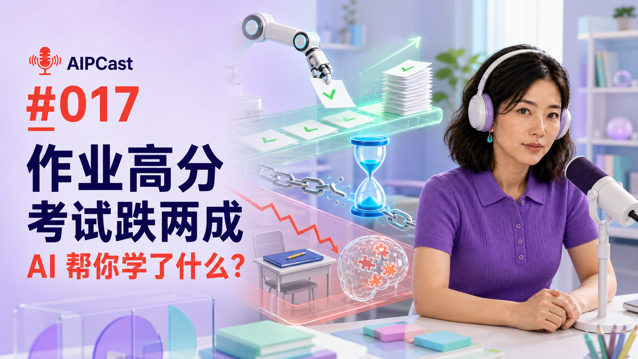 《听懂 AI》第 017 期节目封面:作业高分、考试下降与 AI 学习效果