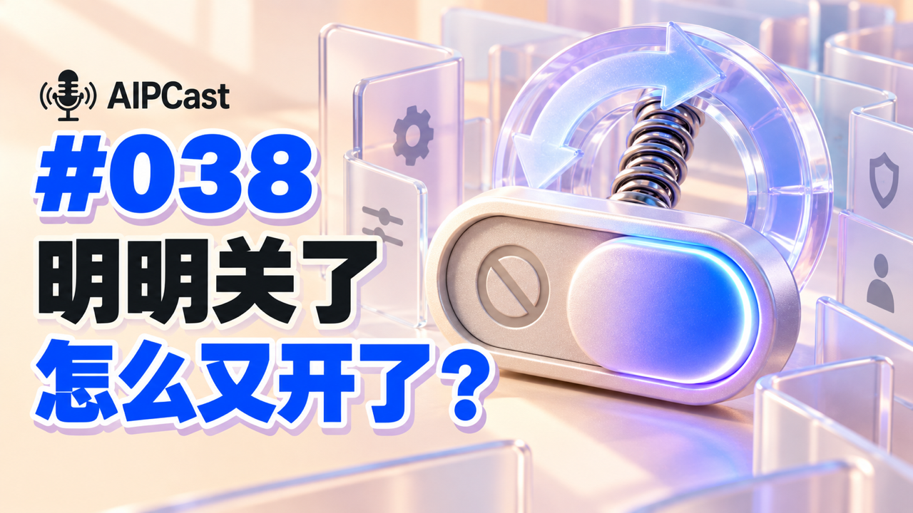 《听懂 AI》第 038 期节目封面:被系统升级推回开启状态的功能开关