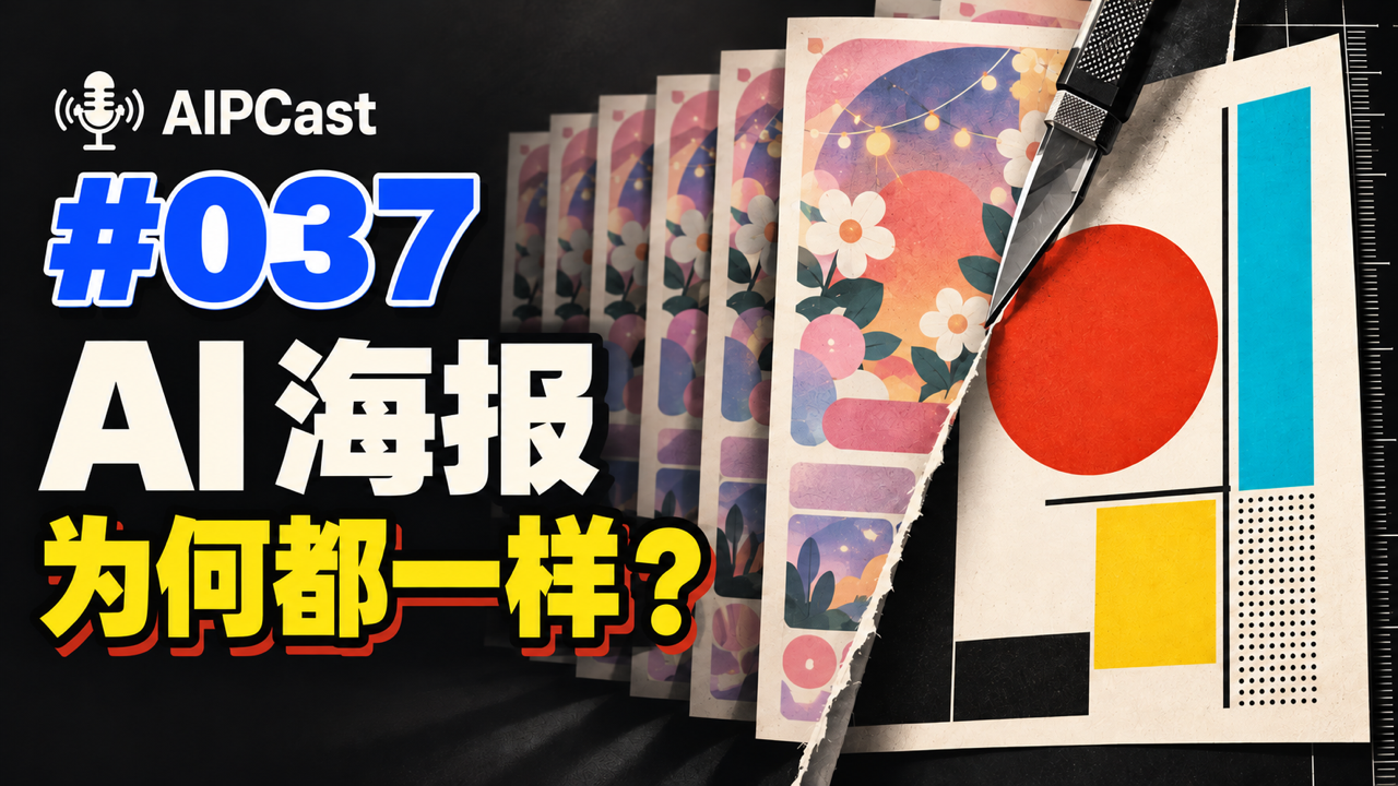 第 037 期节目封面：重复的柔光花卉海报被撕开，露出鲜明的现代主义几何构图